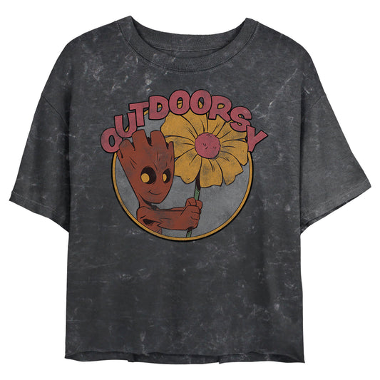 Junior's Marvel Outdoorsy Groot Mineral Wash Crop Top